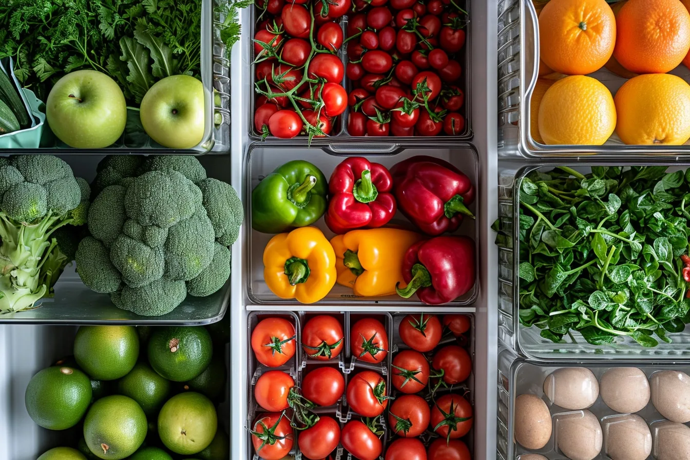 Réfrigérateur bien organisé avec fruits, légumes, boîtes hermétiques et herbes fraîches conservées correctement.