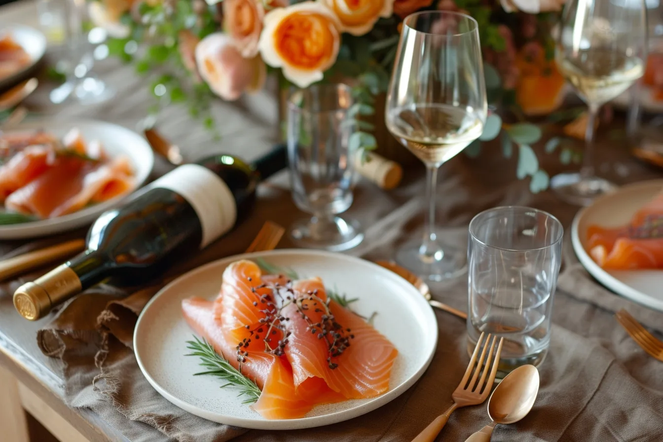Assiette de saumon fumé en fines tranches accompagnée d’un verre de vin blanc frais et de citron.