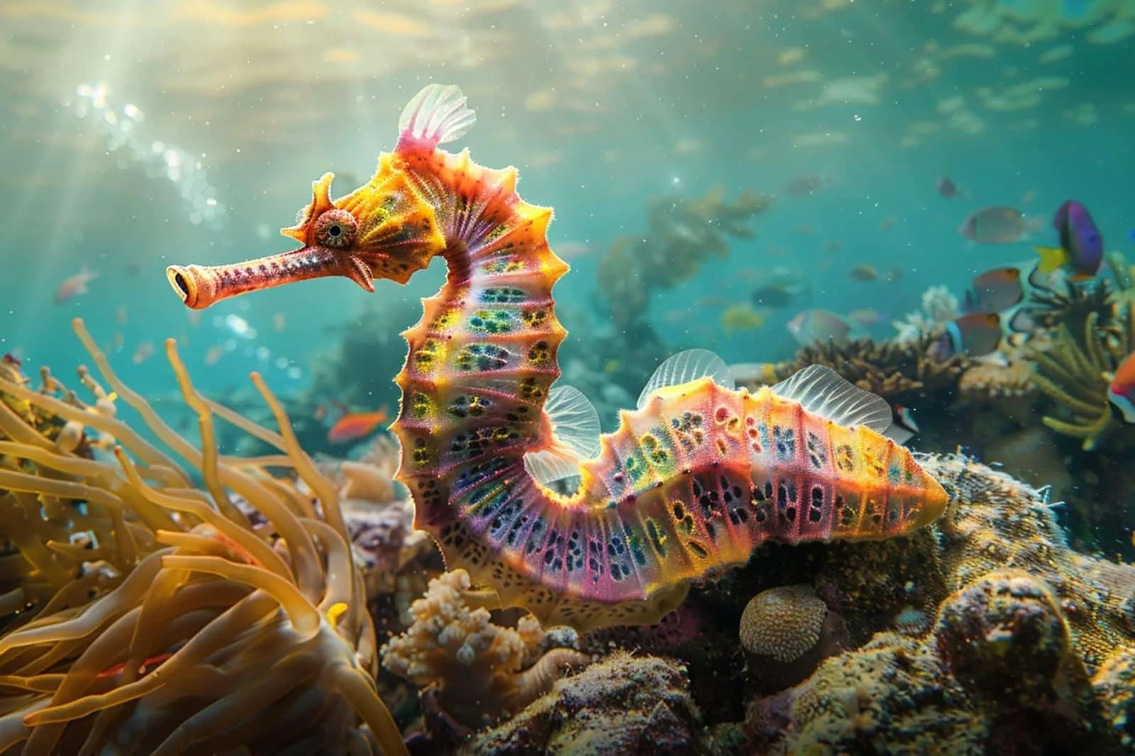 Un hippocampe mâle portant sa poche incubatrice arrondie, dans un décor marin d’algues et de coraux.