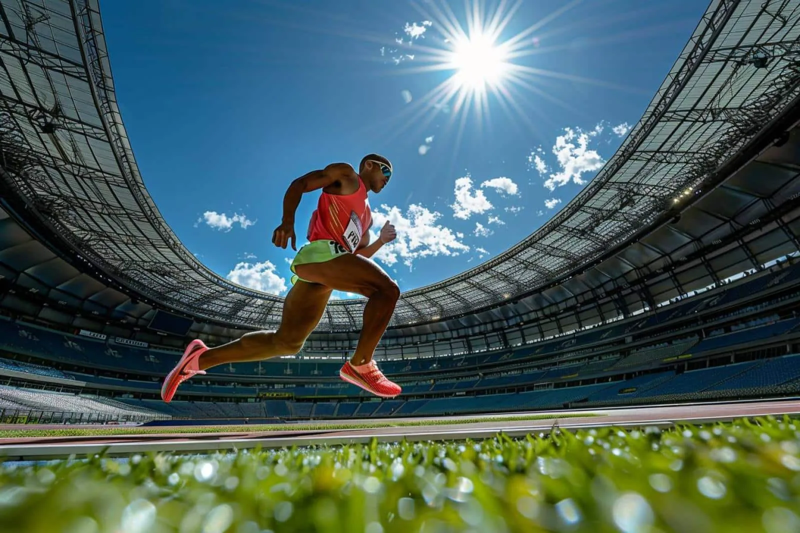 Coureuse réalisant des montées de genoux sur une piste d’athlétisme pour travailler sa vitesse de course.