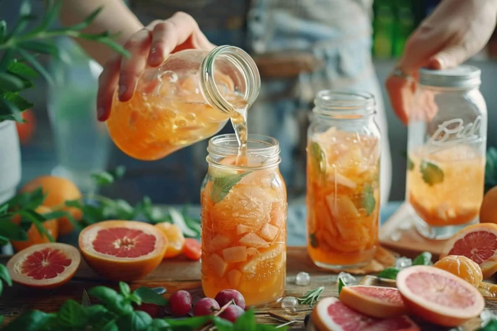 Bocaux de kéfir de fruits et de kombucha maison, accompagnés de citron, gingembre et fruits rouges sur un plan de travail lumineux.