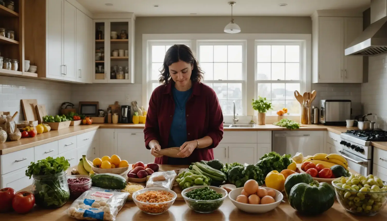 Bocaux de légumineuses, pâtes, riz et conserves rangés dans un garde-manger familial après un achat d’épicerie en gros.