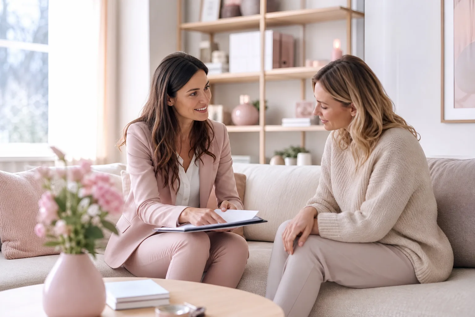 Femme consultant des documents d’assurance protection juridique avec l’aide d’une conseillère.