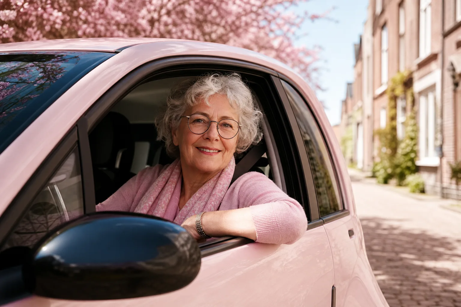 Senior au volant d'une voiture sans permis compacte, stationnée devant des commerces de proximité.