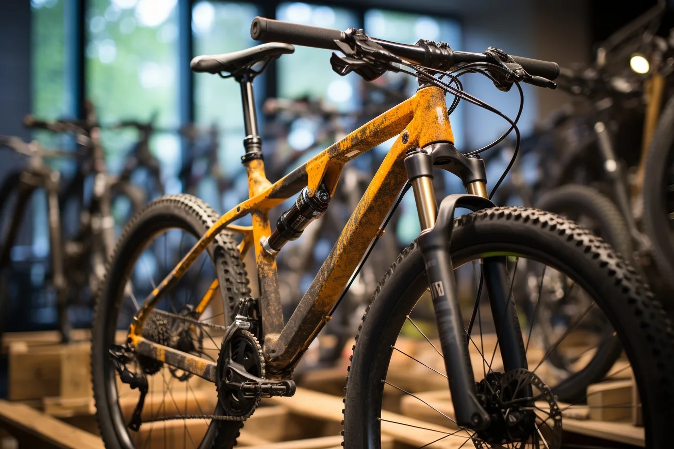 Personne mesurant l’entrejambe et la hauteur de cadre d’un vélo avec un mètre ruban pour choisir la bonne taille.