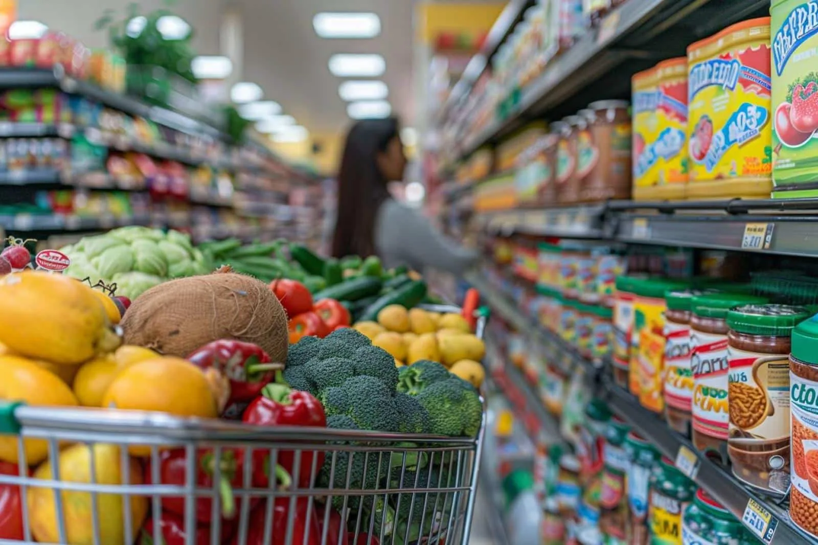 Femme préparant une liste de courses et comparant les prix de produits alimentaires dans sa cuisine.