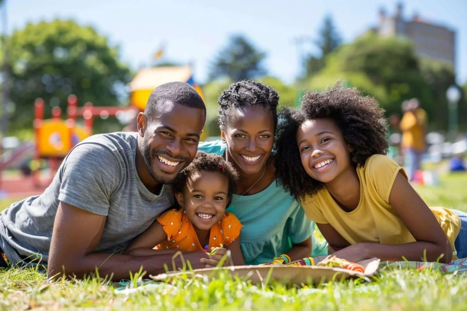 Famille souriante partageant un pique-nique et des jeux de plein air dans un parc, pour une activité à petit budget.