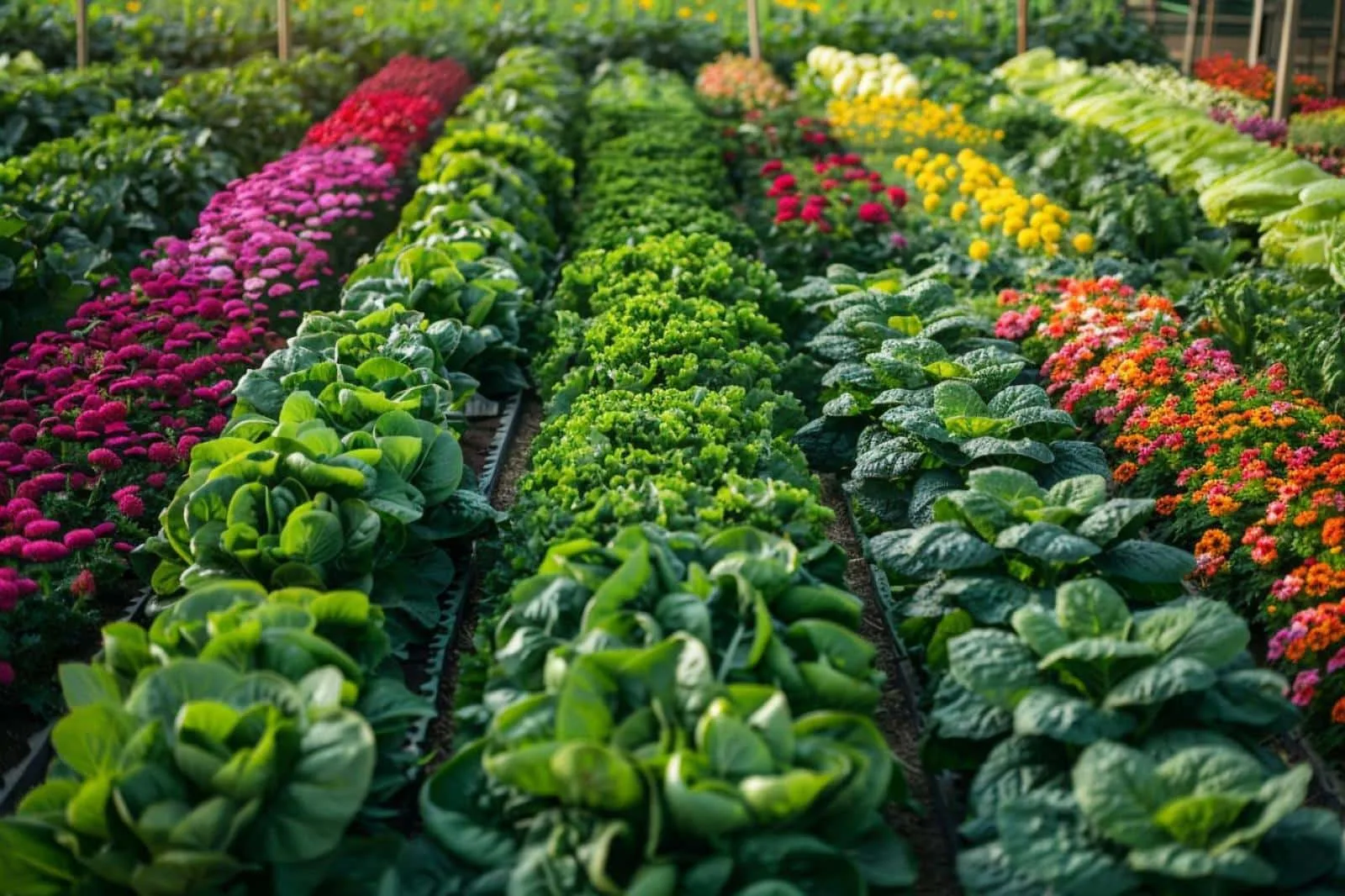 Potager de jardin très productif avec planches de culture paillées, légumes feuillus, tomates et aromatiques.