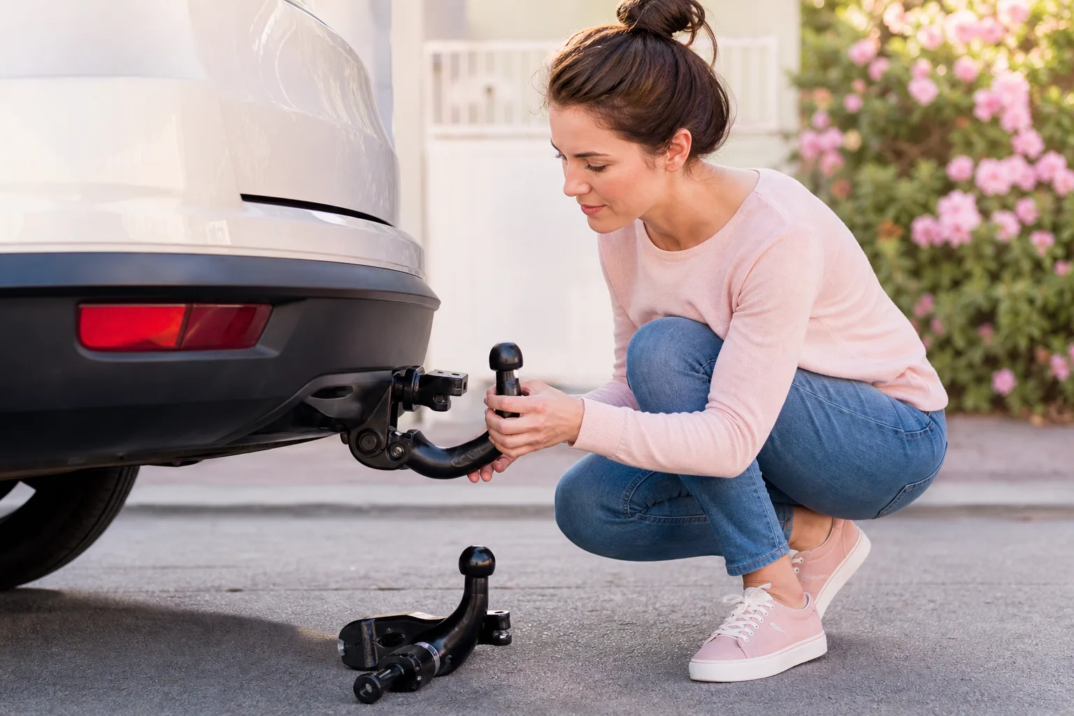 Attelage démontable installé à l’arrière d’une voiture, avec rotule retirée et faisceau électrique visible.