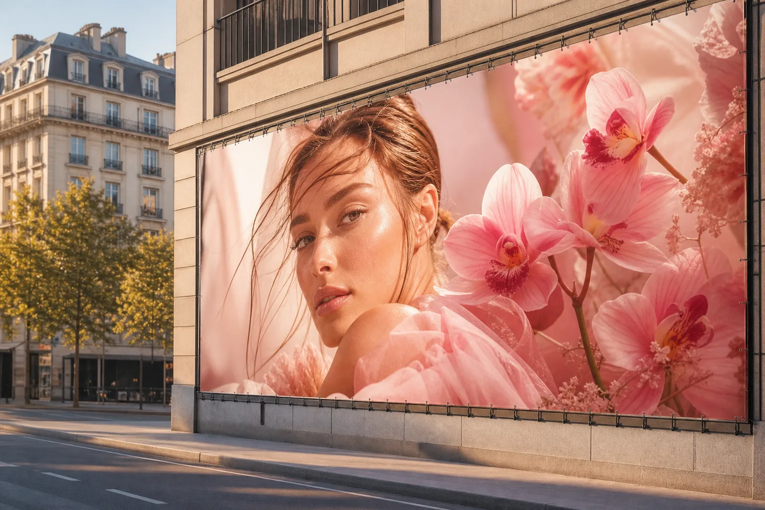 Grande bâche publicitaire imprimée et tendue sur la façade d’un commerce à Boulogne-Billancourt.