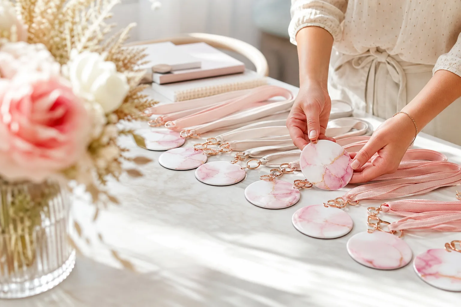 Badges nominatifs élégants avec cordons disposés sur une table d’accueil lors d’un événement professionnel.