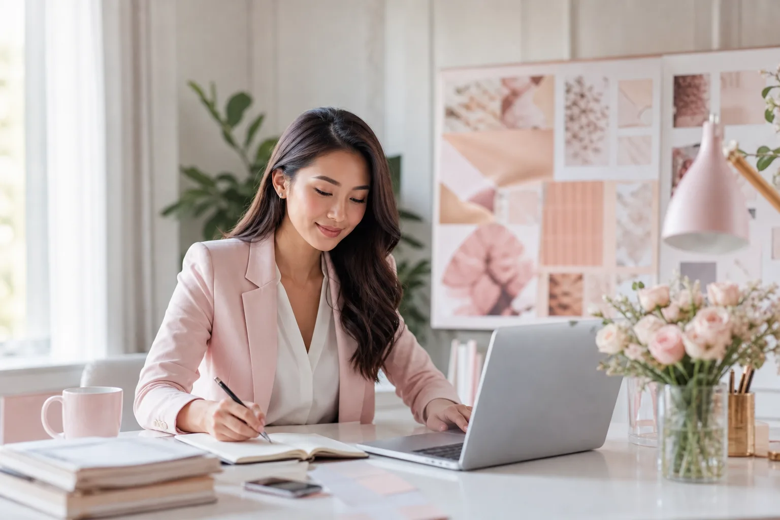 Entrepreneuse travaillant sur un moodboard d’identité visuelle avec nuancier, ordinateur et supports de marque.
