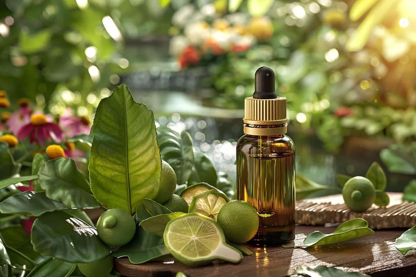 Flacon ambré d’essence de bergamote, agrumes frais et brin de lavande sur une table claire.