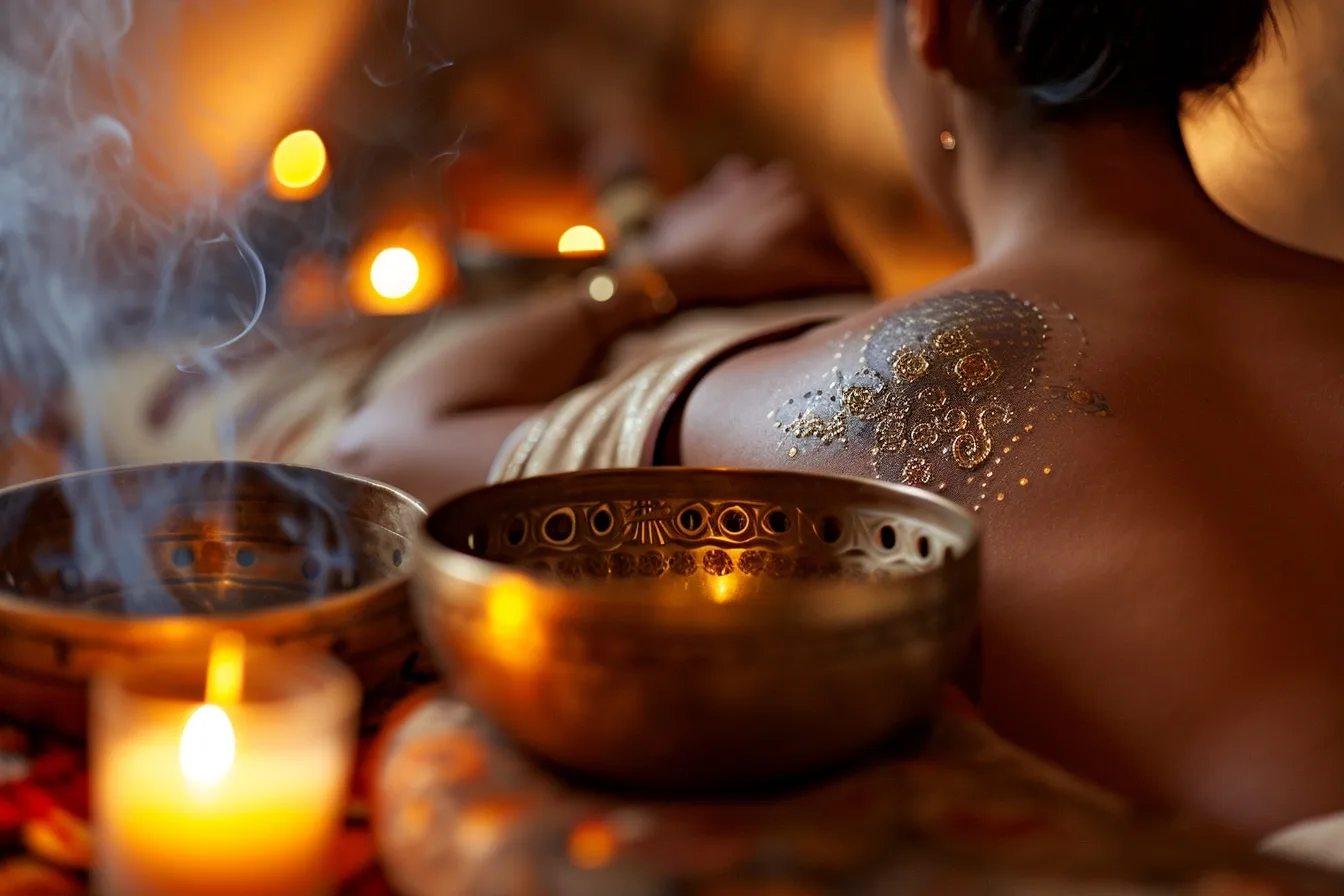 Massage sonore avec un bol tibétain posé sur le dos d’une personne allongée dans une ambiance apaisante.