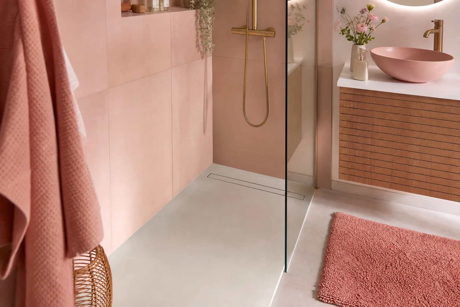 Caniveau linéaire en inox installé au sol dans une douche à l’italienne moderne avec carrelage clair.