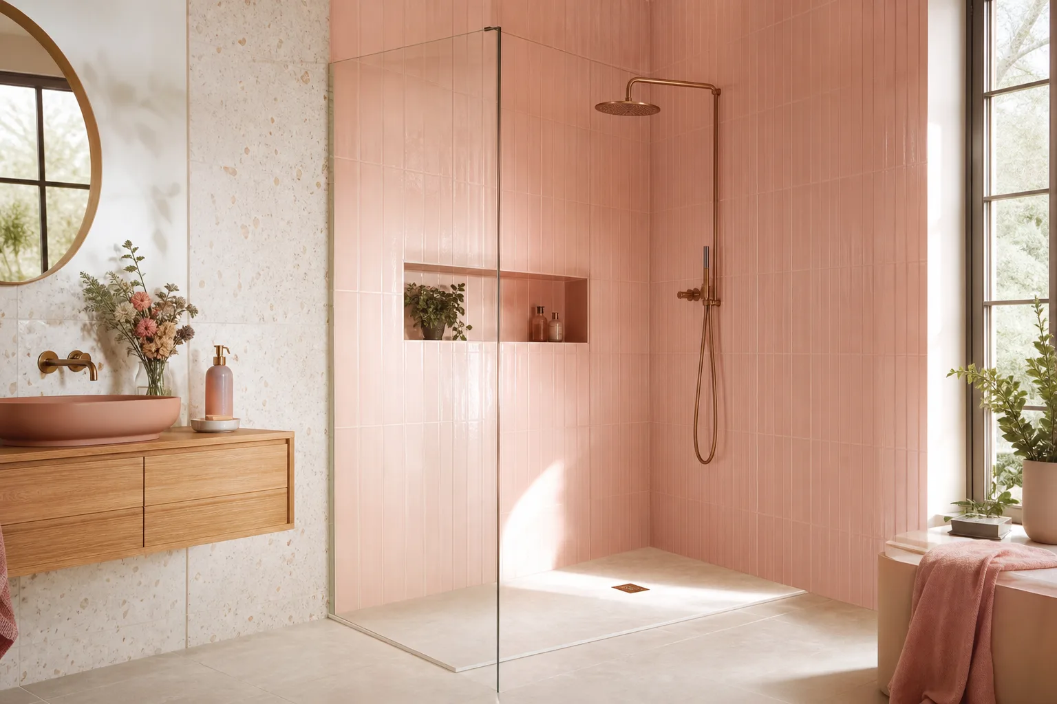 Douche à l’italienne contemporaine habillée de grands carreaux effet pierre beige avec caniveau de douche discret.