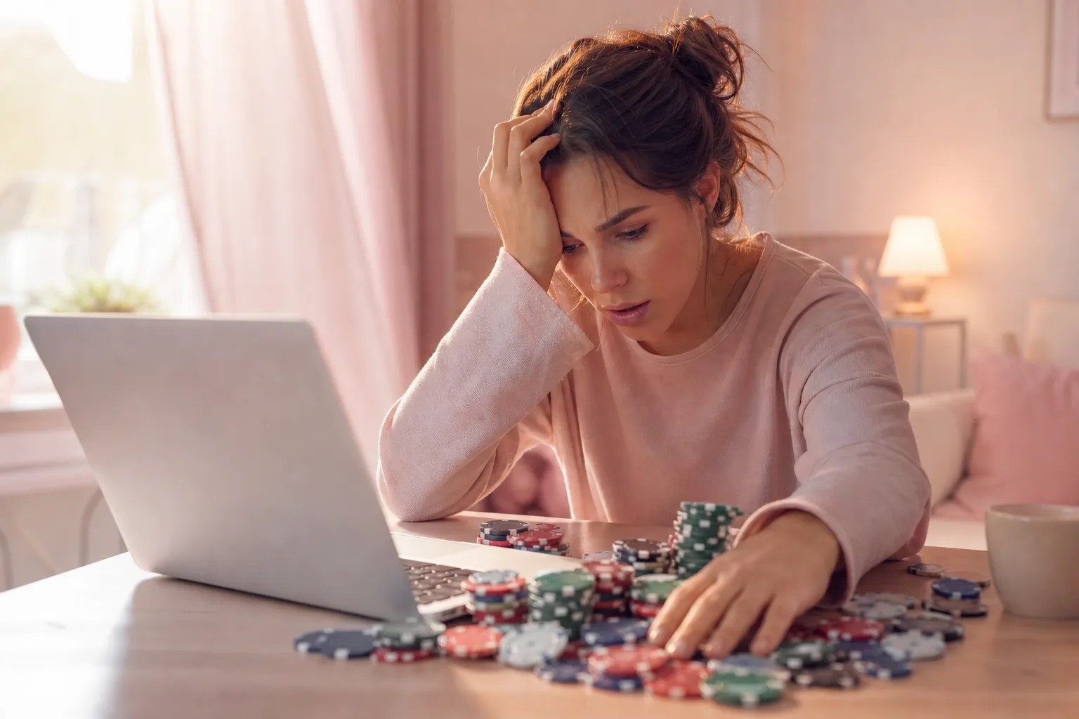 Femme assise à une table, regardant son téléphone avec inquiétude face à des jeux de casino en ligne.