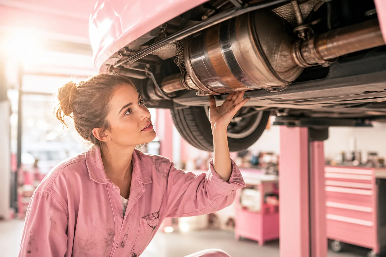 Vue rapprochée d’un catalyseur automobile intégré à la ligne d’échappement