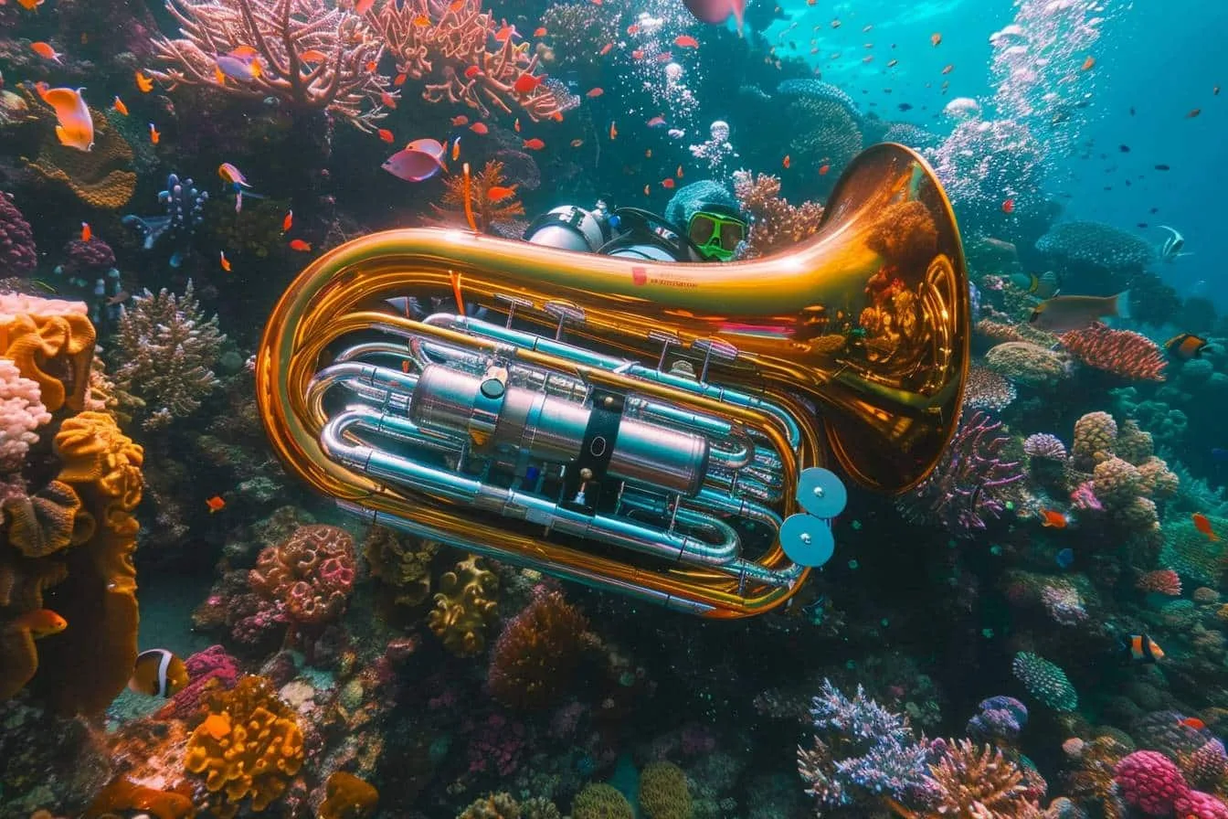 Femme équipée d’un masque-tuba intégral flottant calmement à la surface d’une eau turquoise près d’un récif.
