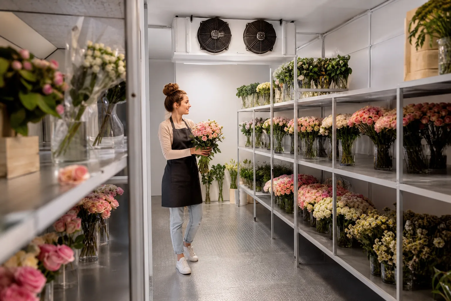 Intérieur d’une chambre froide professionnelle avec rayonnages inox et produits alimentaires stockés à bonne température.