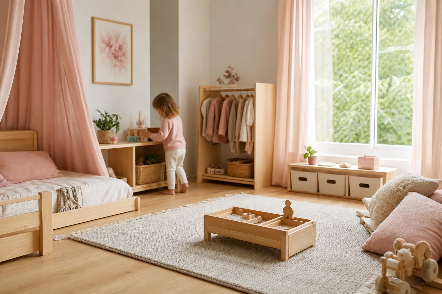 Chambre Montessori lumineuse pour enfant de 2 ans avec lit au sol, étagère basse, livres accessibles et tapis d’éveil.