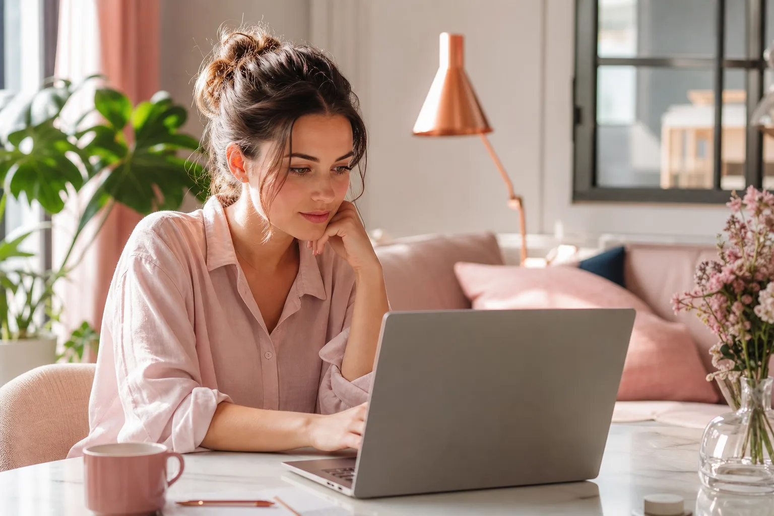Jeune femme consultant des annonces immobilières sur son ordinateur pour trouver un appartement à louer.