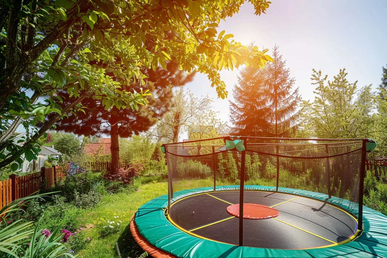 Trampoline extérieur rond avec filet de sécurité installé sur une pelouse dans un jardin familial.