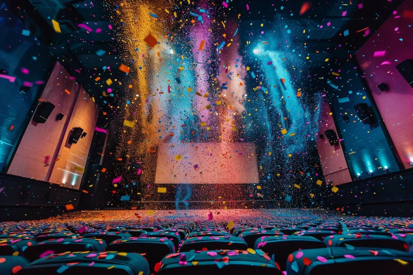 Spectateurs lors d’une séance de cinéma festive sous une pluie de confettis multicolores.