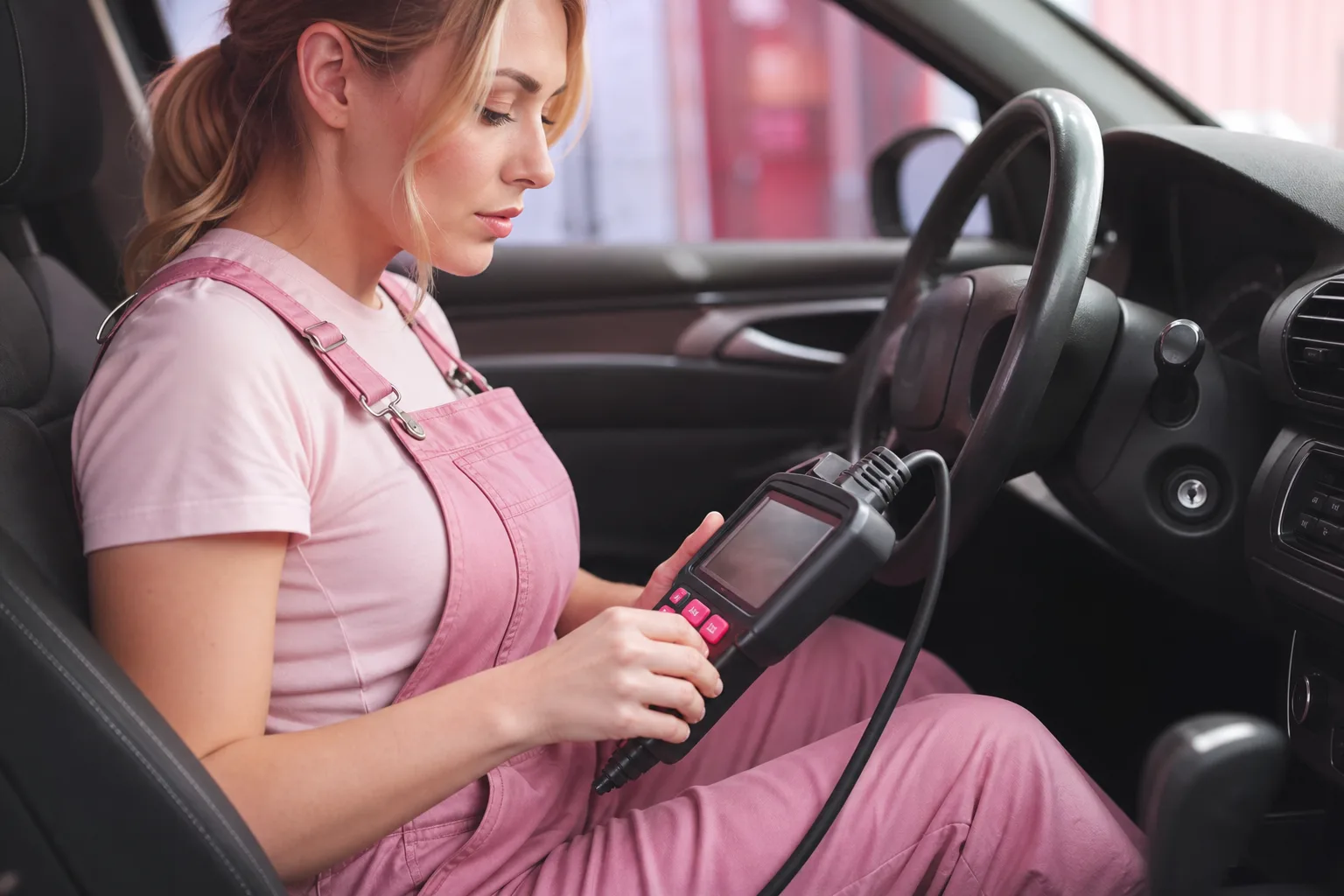 Valise de diagnostic OBD branchée à une voiture pour lire un code défaut de sonde lambda.
