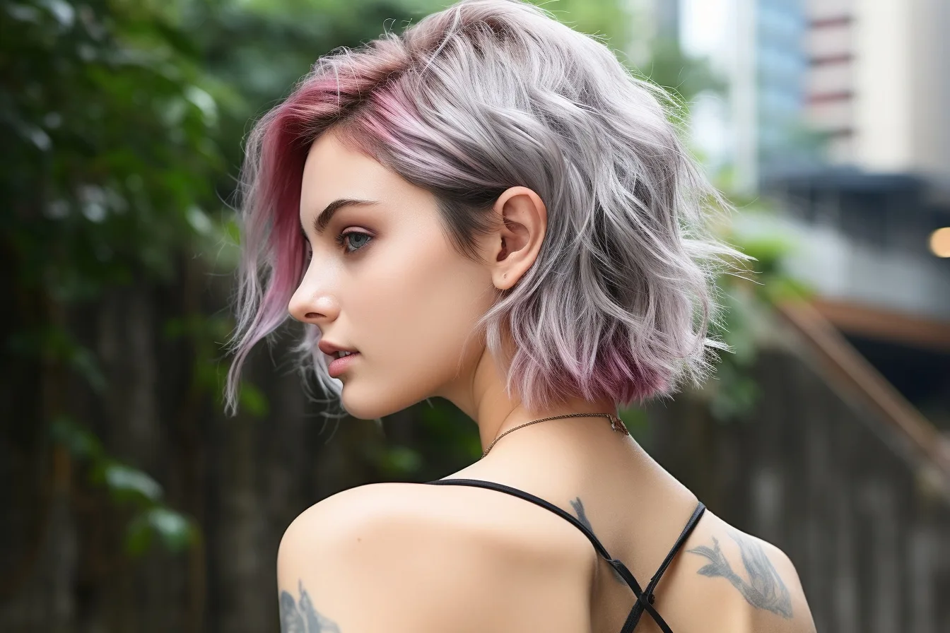 Jeune femme de 18 ans portant une coupe courte texturée avec frange légère et coiffage naturel.
