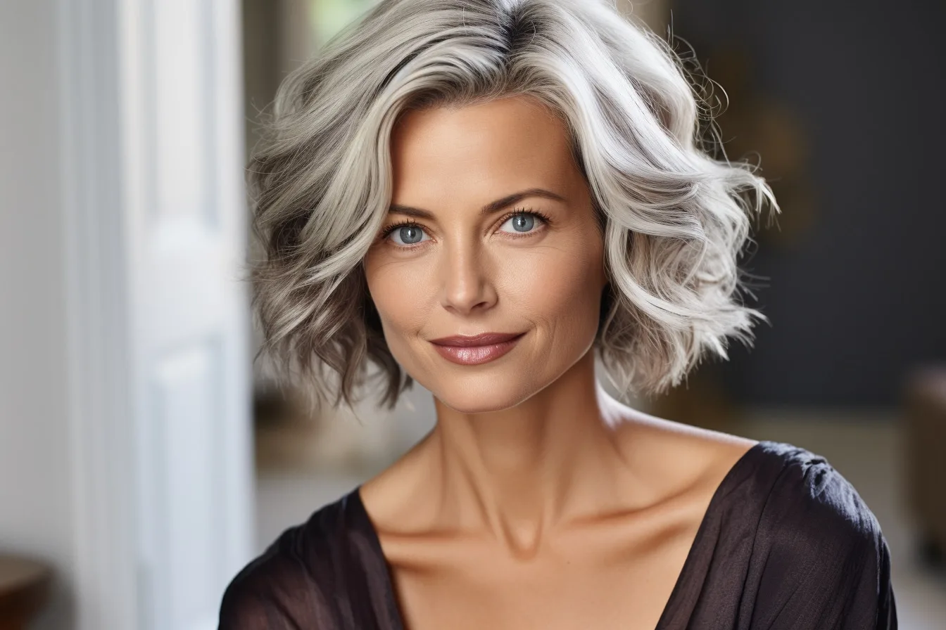 Femme de 60 ans portant une coupe mi-longue dégradée et élégante, coiffée avec un brushing souple.
