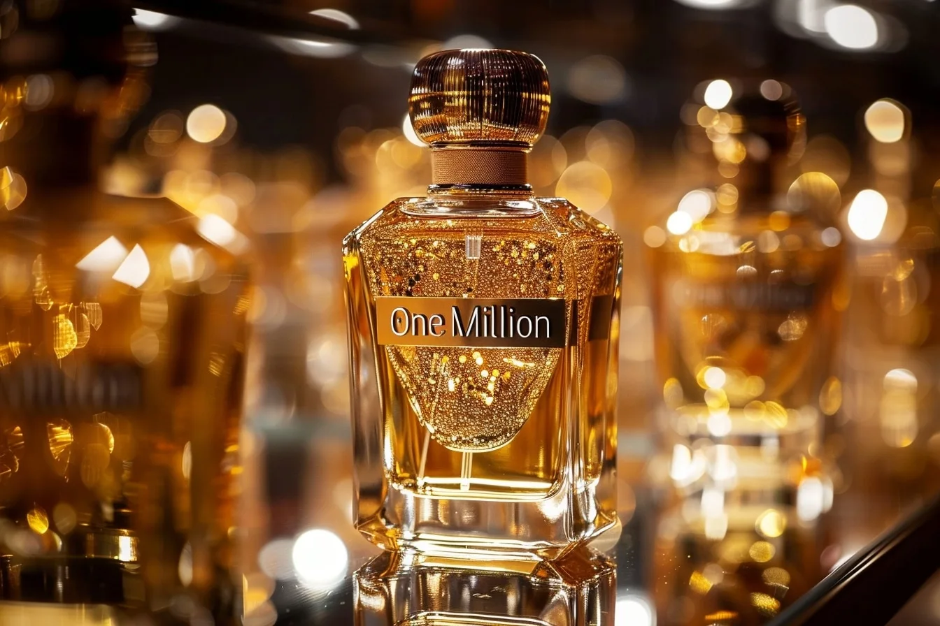 Flacon doré du parfum One Million Rabanne posé sur une table élégante avec son étui assorti.