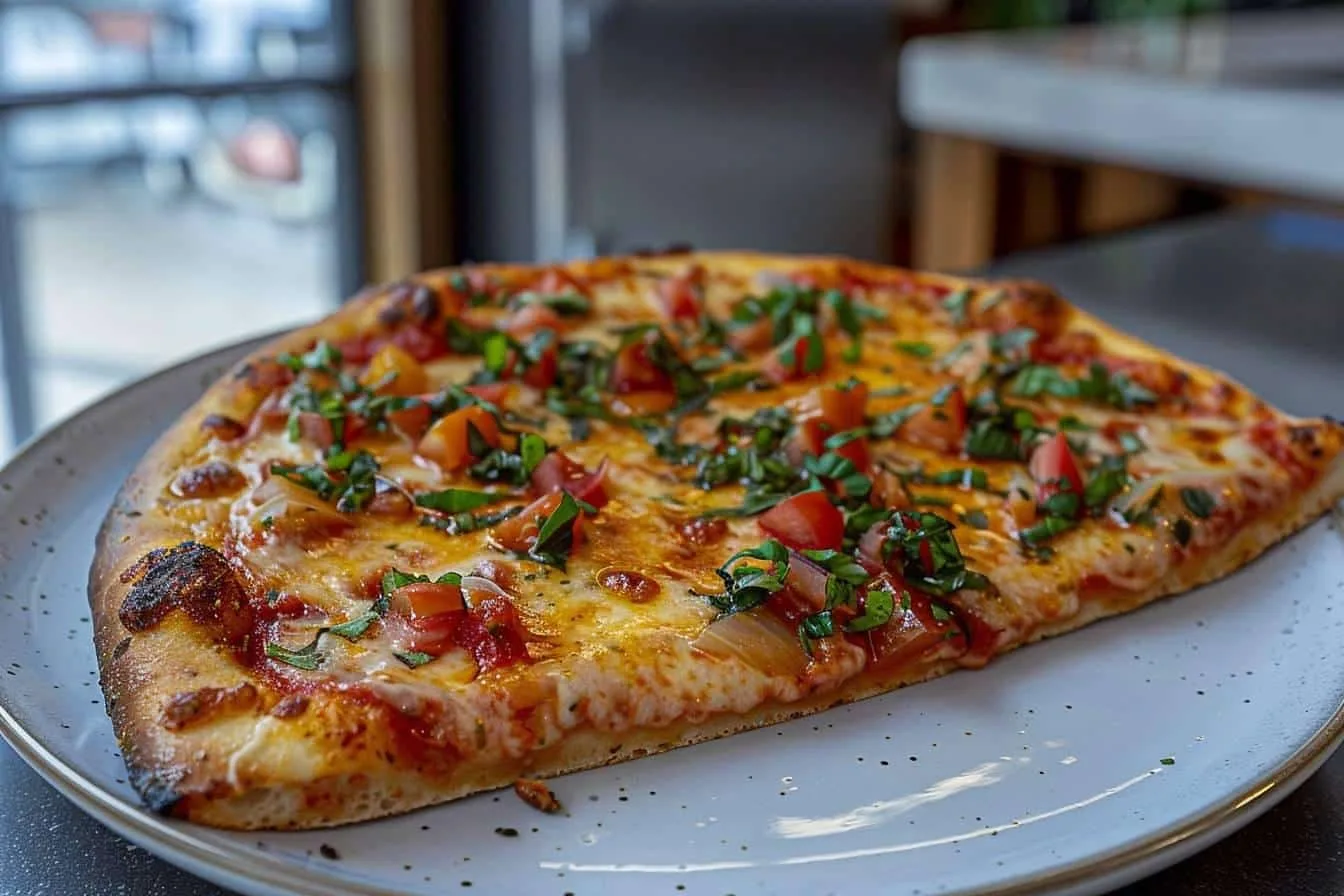 Pizza garnie décongelée sur une assiette, prête à être cuite, à côté d’un réfrigérateur.