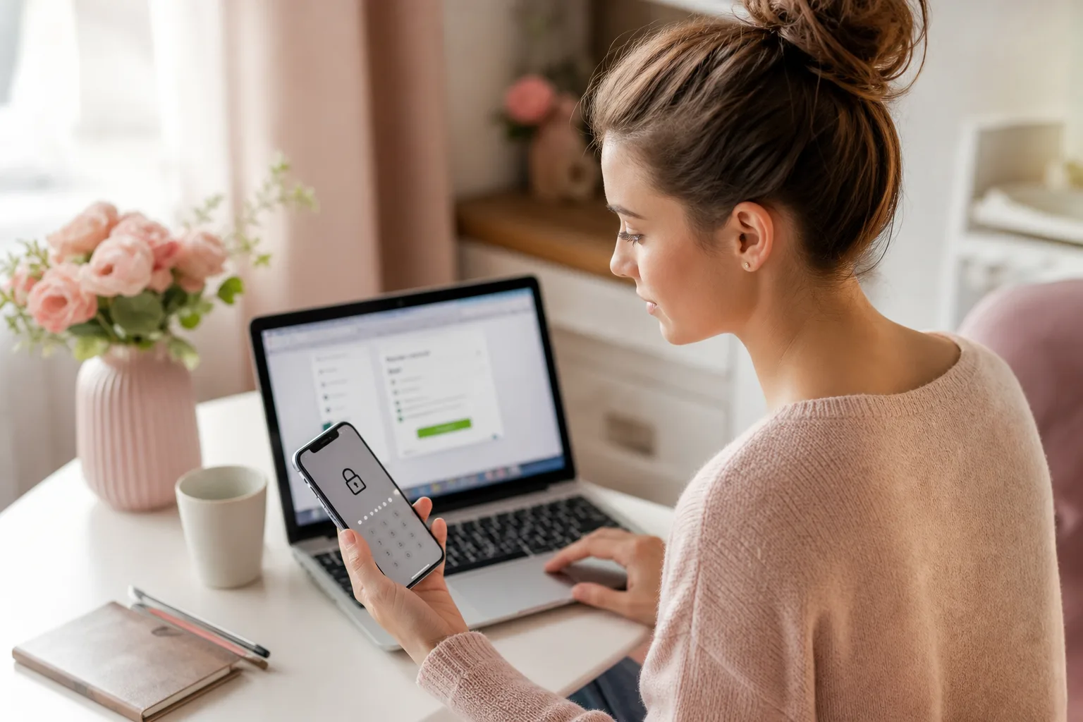 Femme activant la double authentification sur son smartphone pour sécuriser ses comptes en ligne.