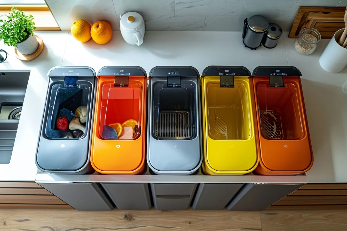 Cuisine lumineuse et organisée avec une poubelle de tri à plusieurs bacs pour mieux gérer les déchets du quotidien.