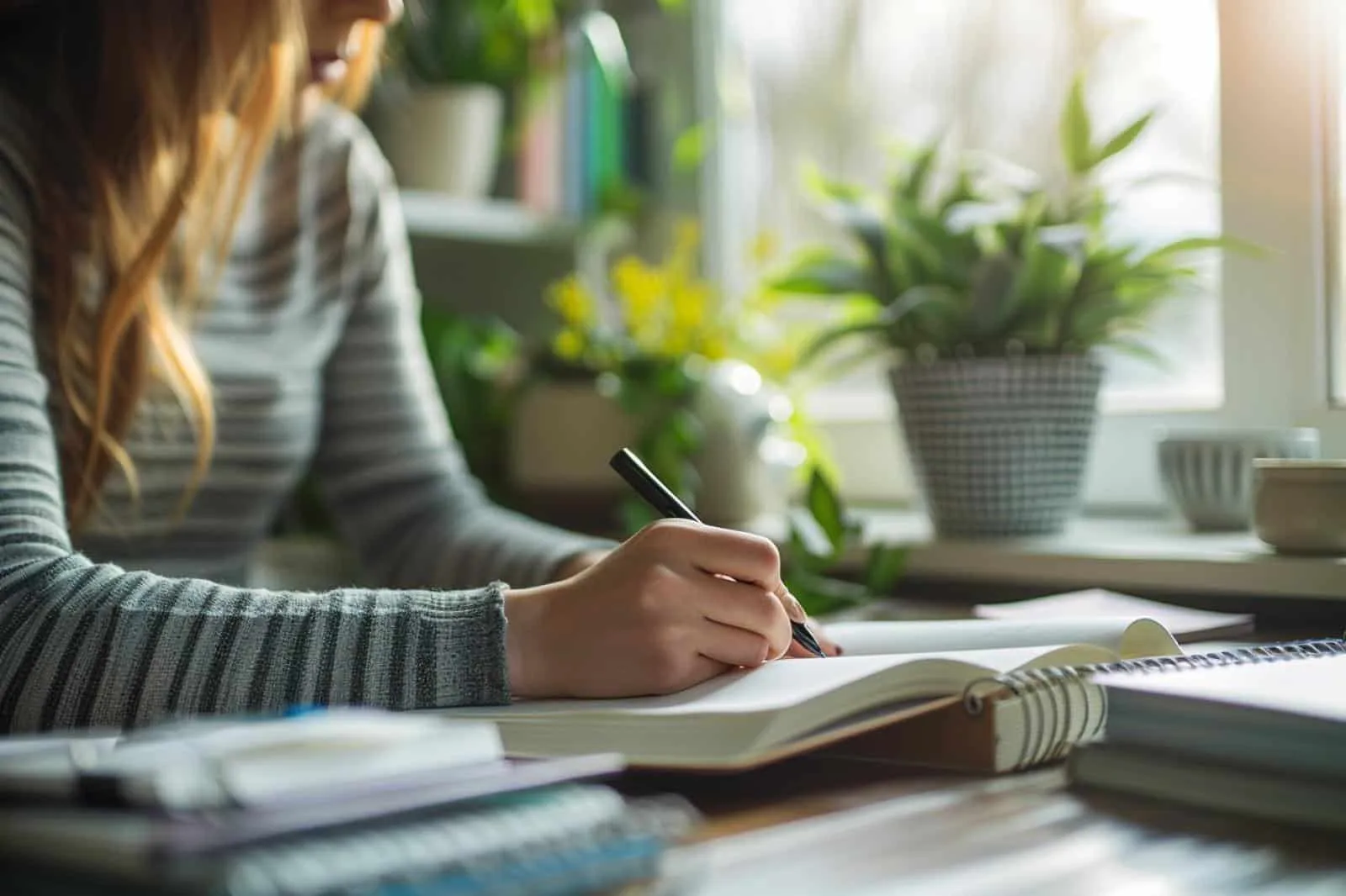 Main écrivant soigneusement dans un carnet ligné avec un stylo noir, sur un bureau lumineux.