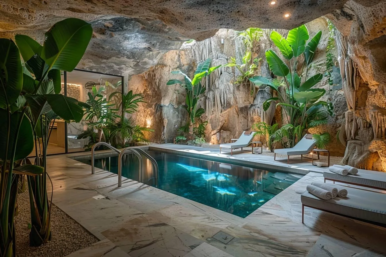 Espace piscine aménagé dans une cave contemporaine avec sol antidérapant, banquette, éclairage indirect et plantes adaptées à l’humidité.