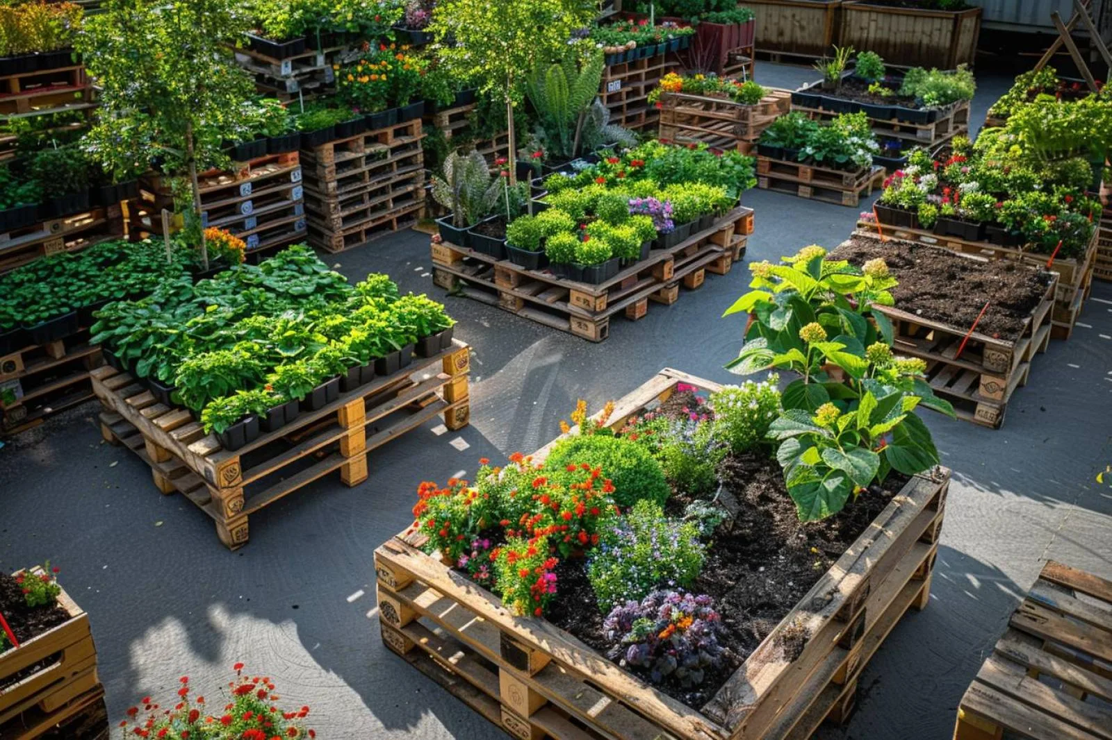 Salon de jardin fabriqué avec des palettes en bois, coussins beiges, plantes en pots et guirlande lumineuse.