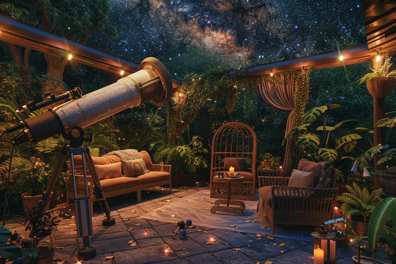 Coin cosy installé sur une terrasse pour observer les étoiles, avec fauteuil inclinable, plaid, jumelles et lumière rouge douce.