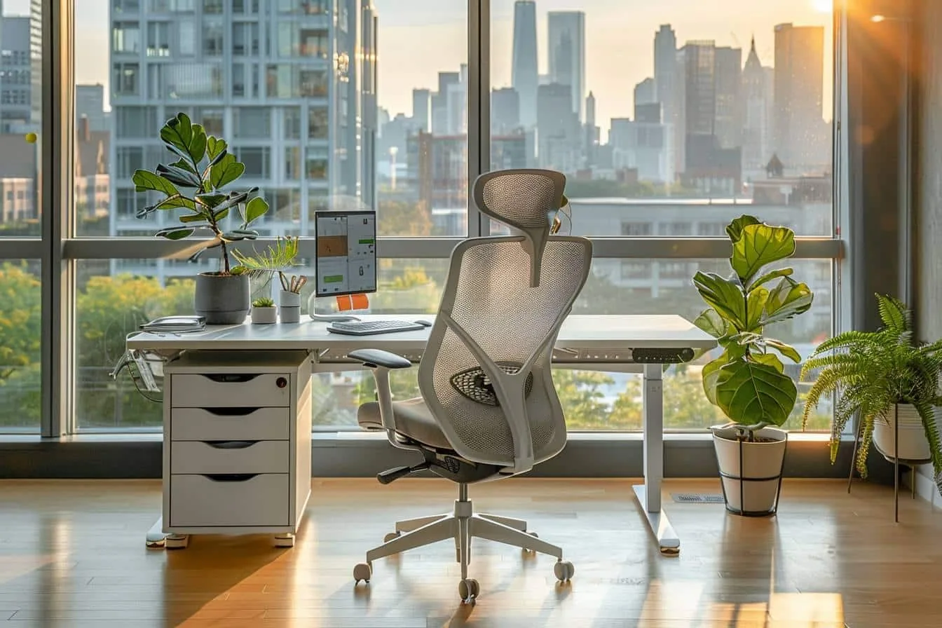 Espace de co-working à domicile lumineux avec deux bureaux ergonomiques, rangements fermés, plantes et éclairage doux.