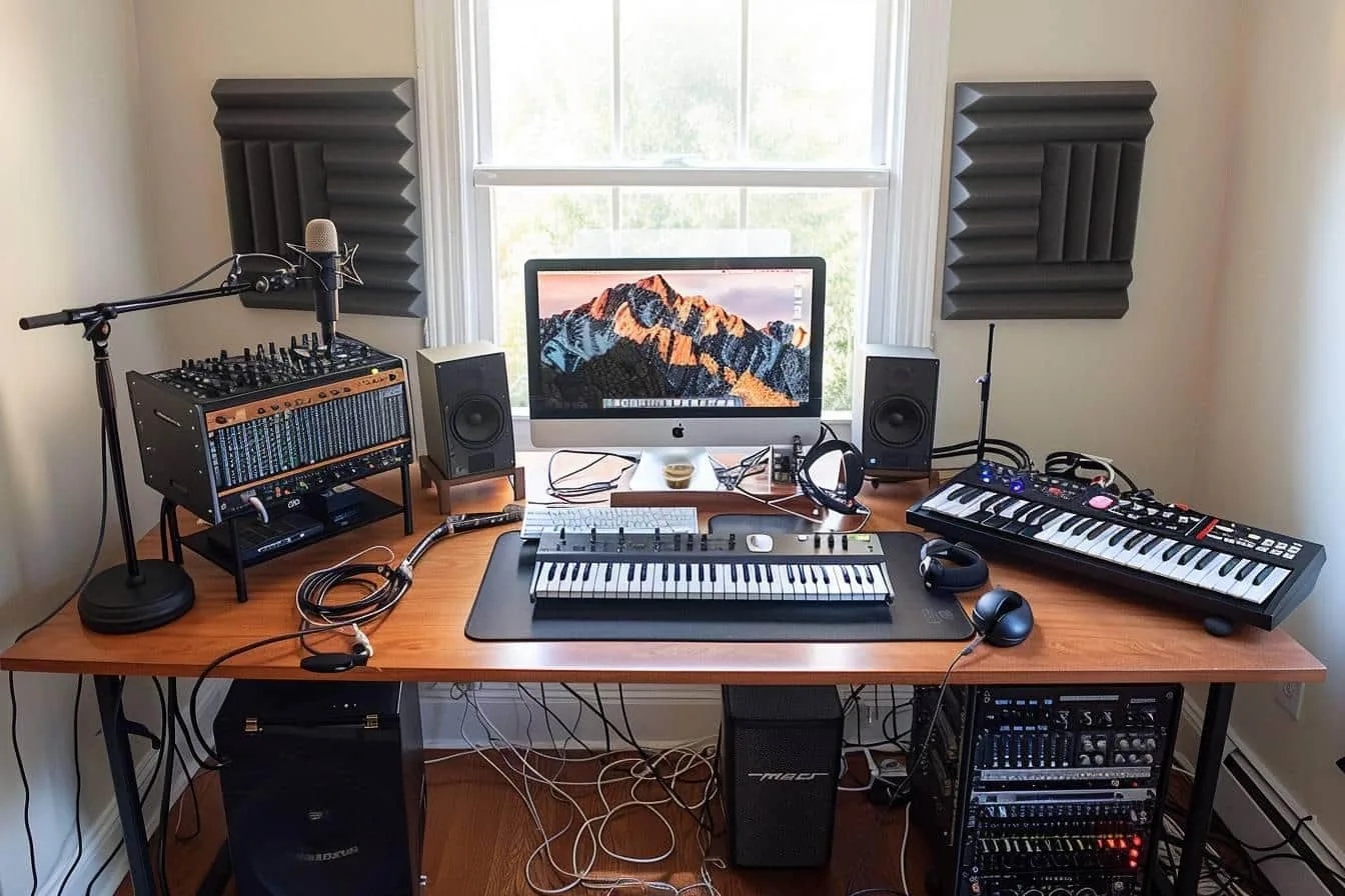Petit home studio lumineux installé dans un coin de salon avec bureau compact, microphone sur bras articulé, casque et panneaux acoustiques.
