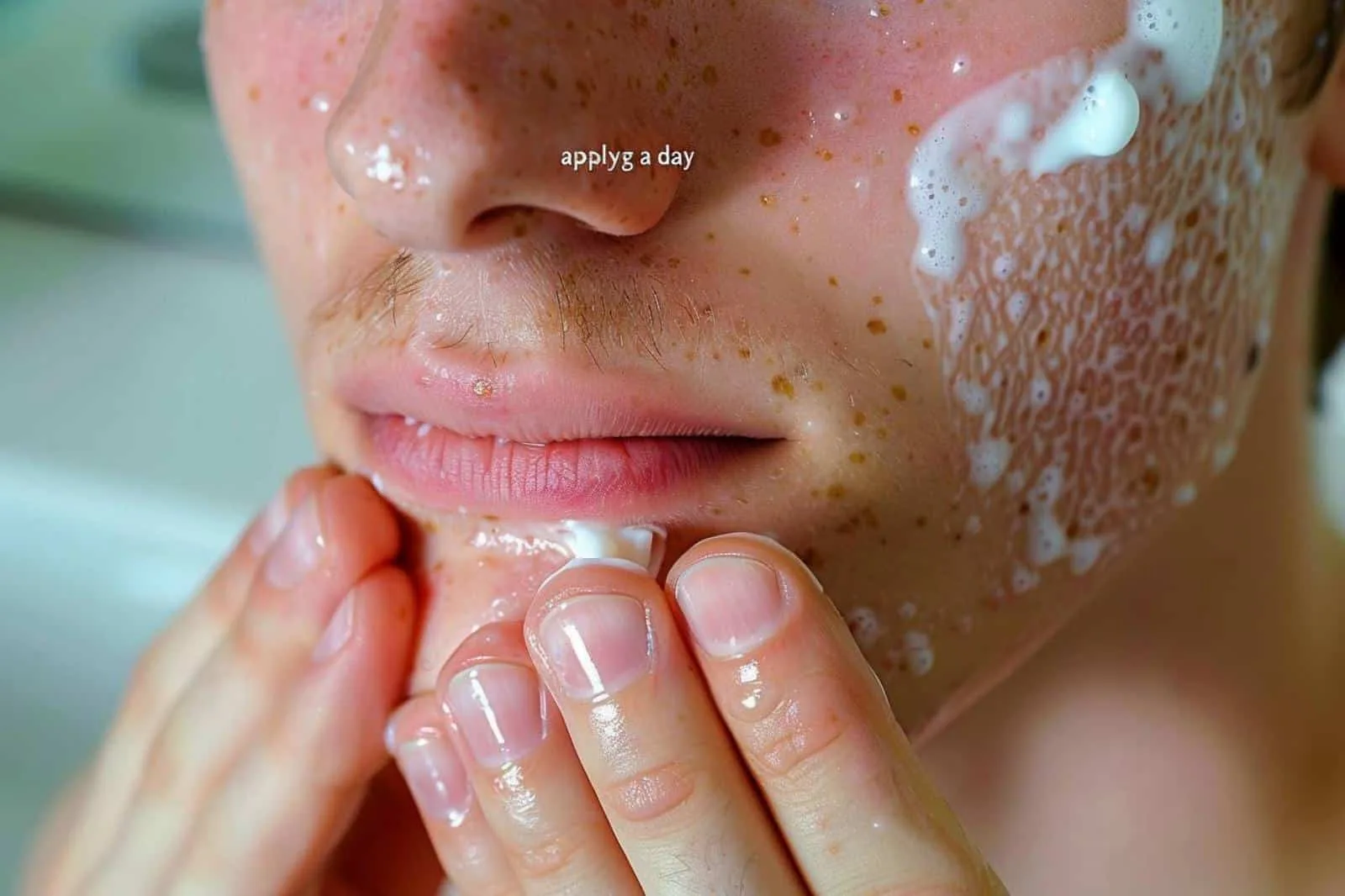 Femme appliquant délicatement une crème de jour légère sur ses joues pour hydrater une peau grasse sans effet brillant.