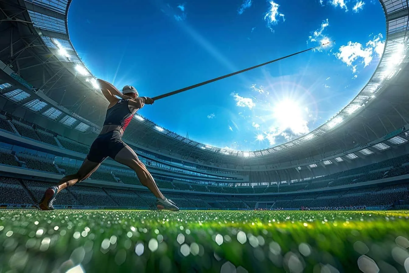 Athlète en phase d’élan sur une piste avant un lancer de javelot, dans une zone d’athlétisme sécurisée.