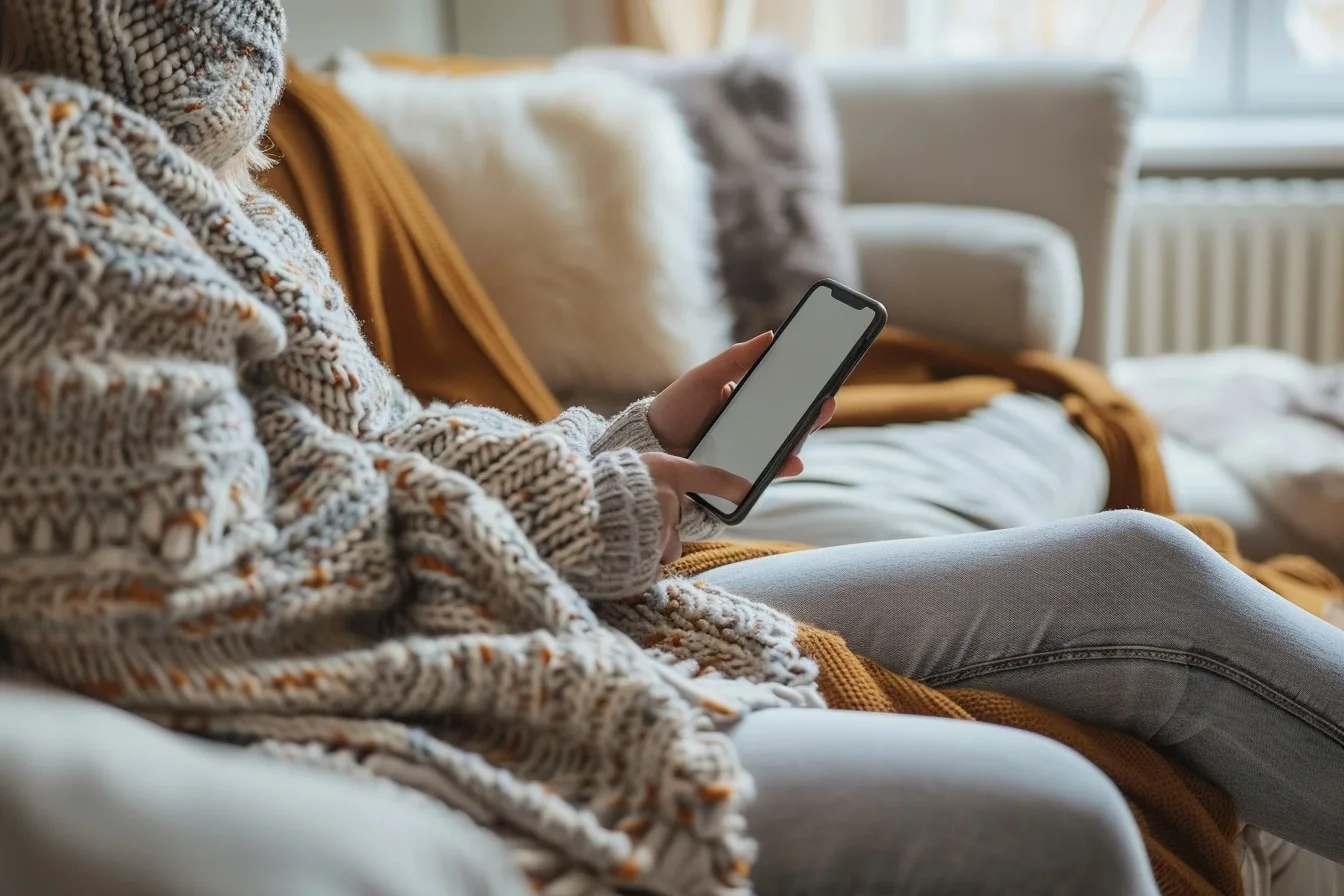Femme consultant son téléphone pour rechercher une offre de voyance gratuite et sans numéro surtaxé.