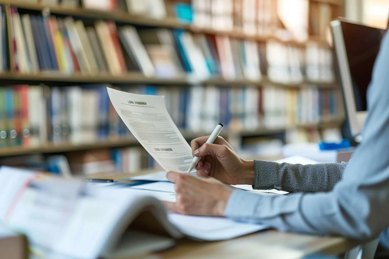 Femme consultant des documents administratifs pour préparer une demande de changement de nom de famille.