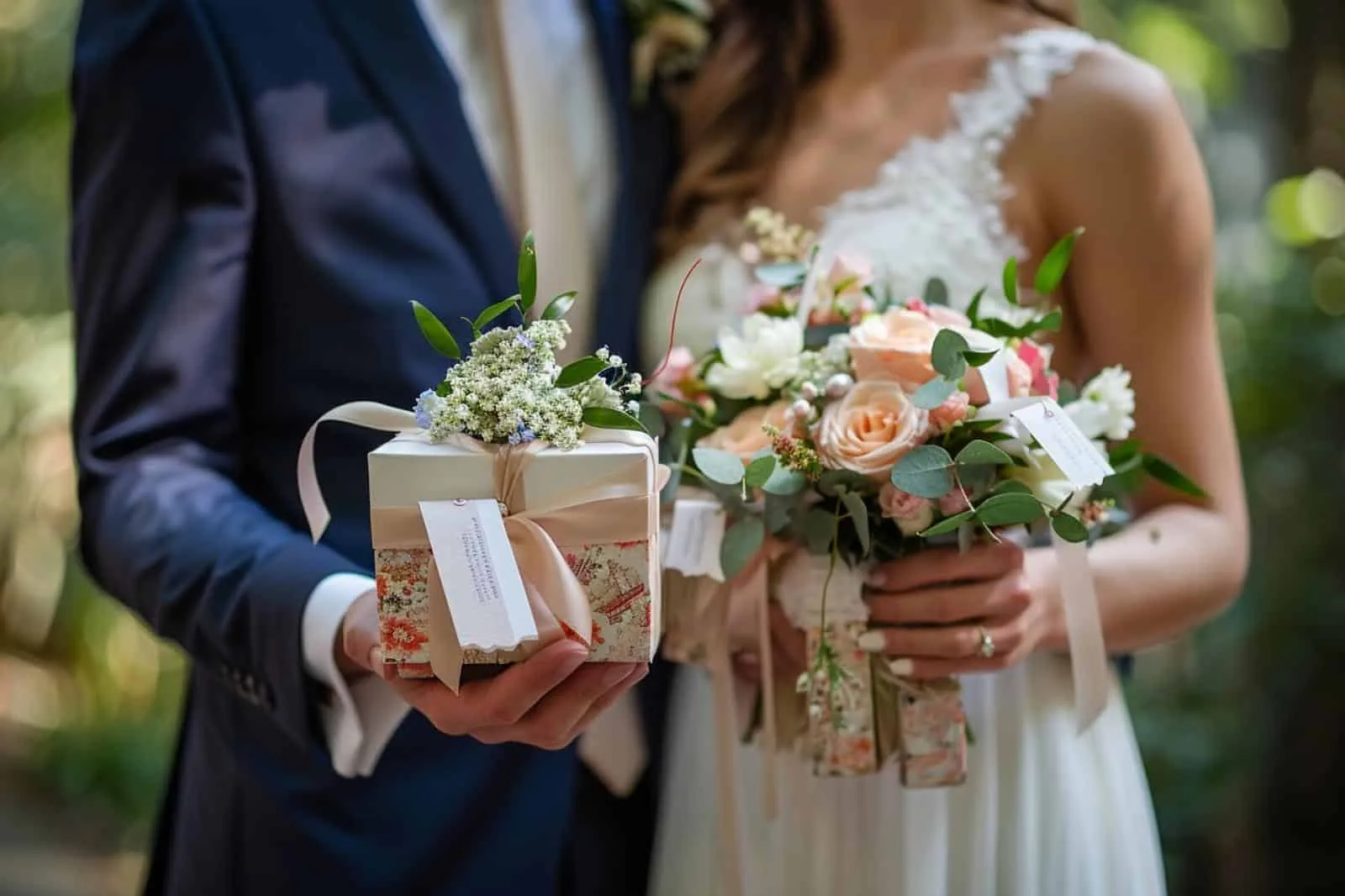Petits trésors de mariage personnalisés disposés sur une table de réception, avec étiquettes prénoms et fleurs séchées.