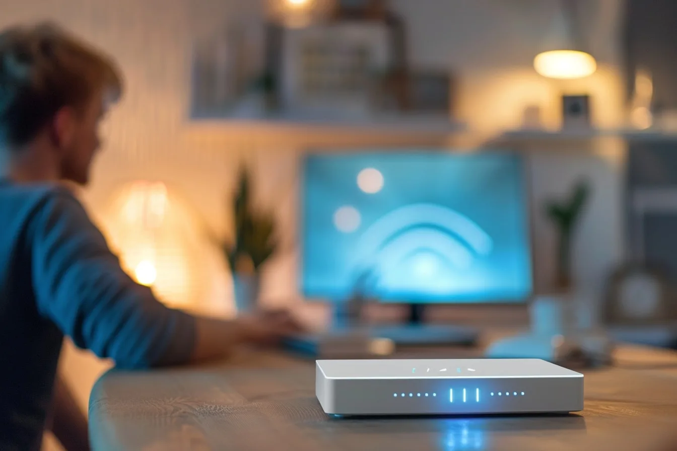 Répéteur Wi-Fi branché dans un couloir lumineux pour étendre la couverture internet dans la maison.