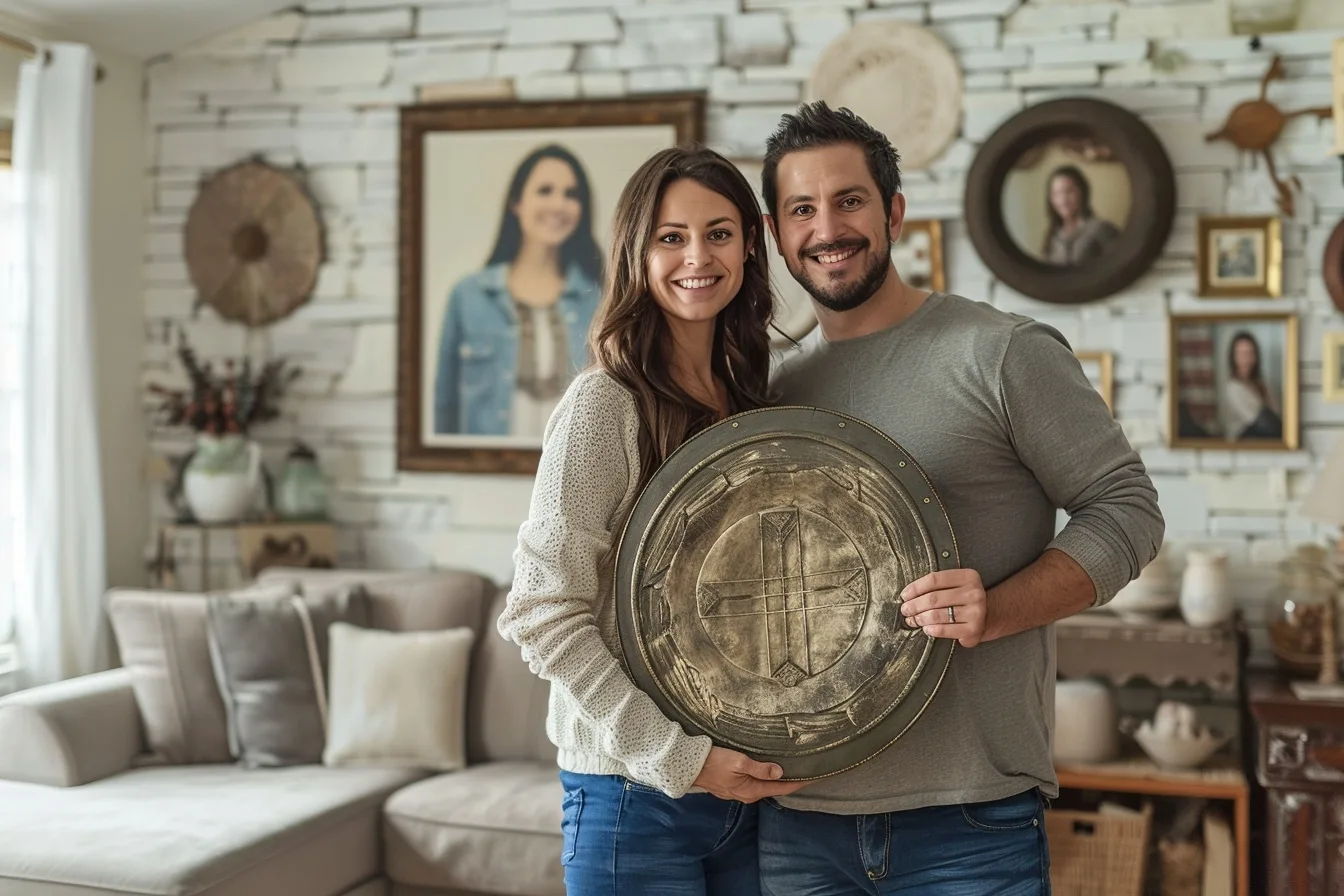 Couple installé dans son salon comparant des contrats d’assurance habitation sur une tablette, avec des documents posés sur une table basse.
