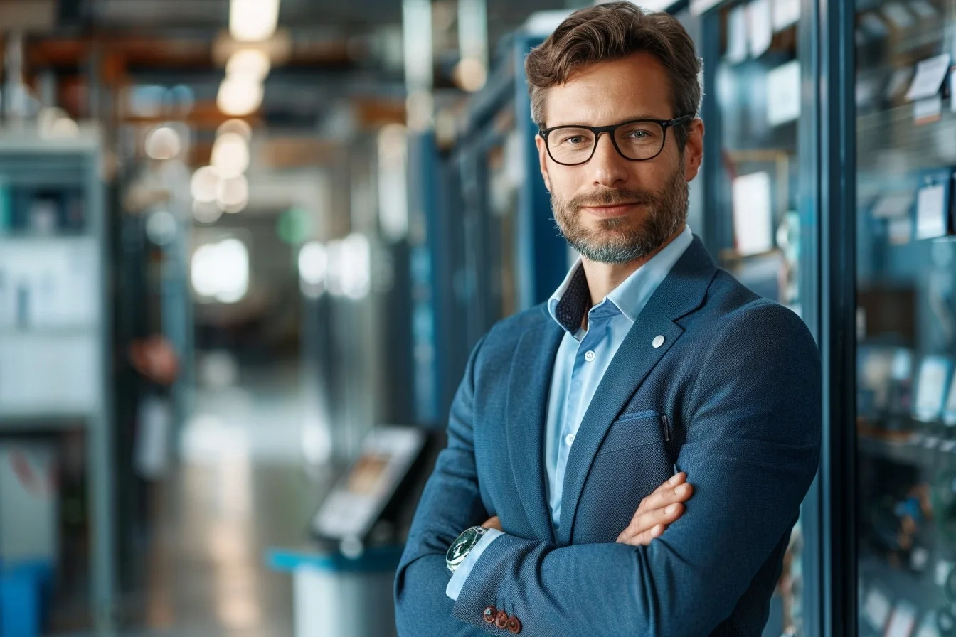Responsable d’entreprise échangeant avec un agent de sécurité devant l’entrée d’un bâtiment professionnel.