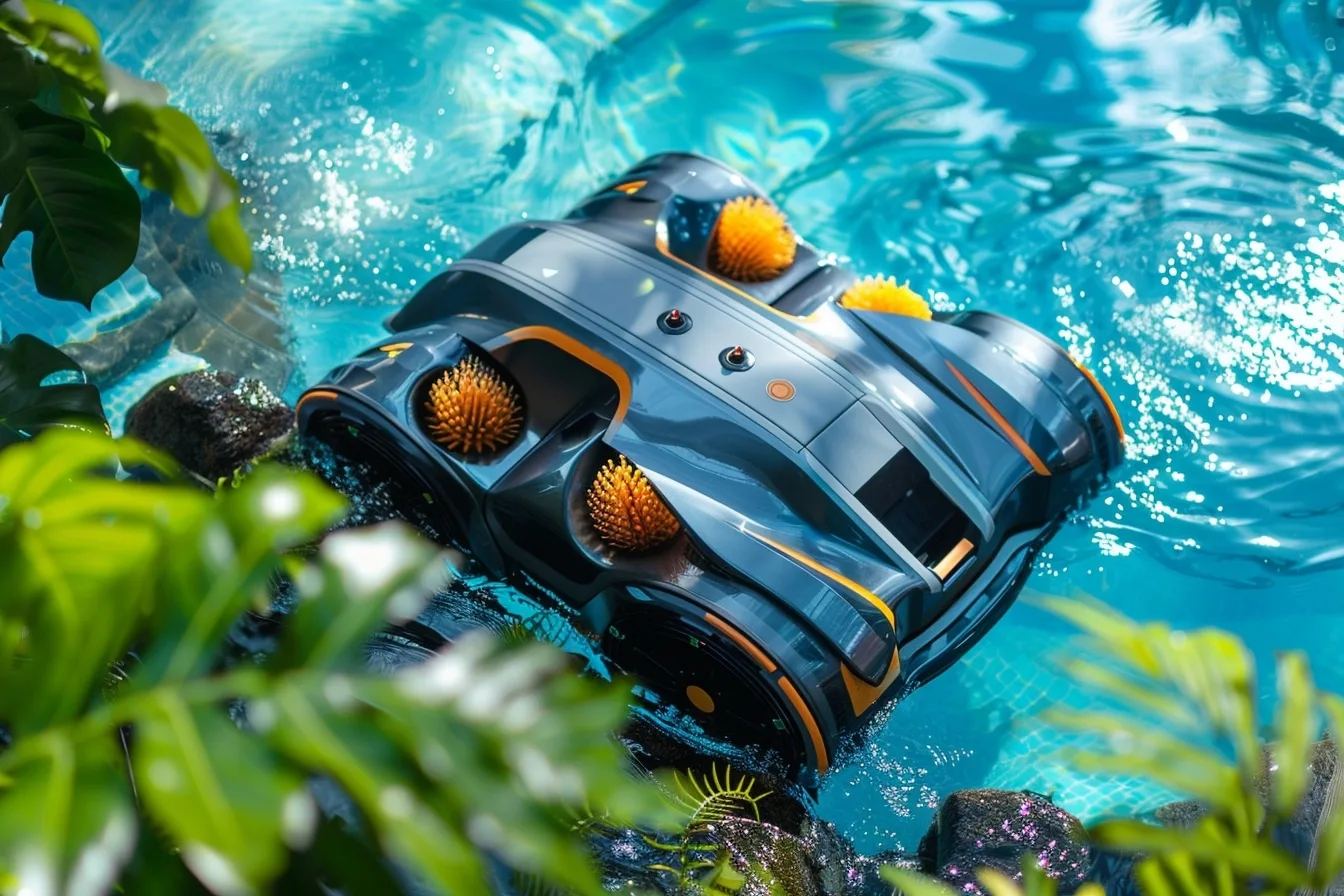 Robot électrique nettoyant le fond d’une piscine rectangulaire à l’eau claire.